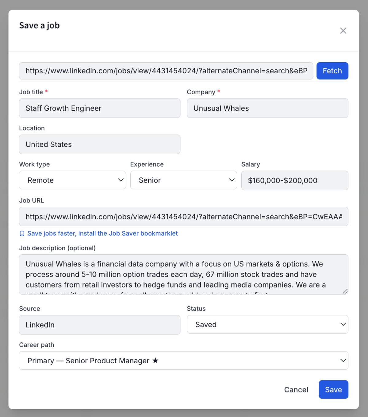 One-click job capture in Resumes Coach: a role saved straight from the posting, with title, company, salary, and description already filled in.