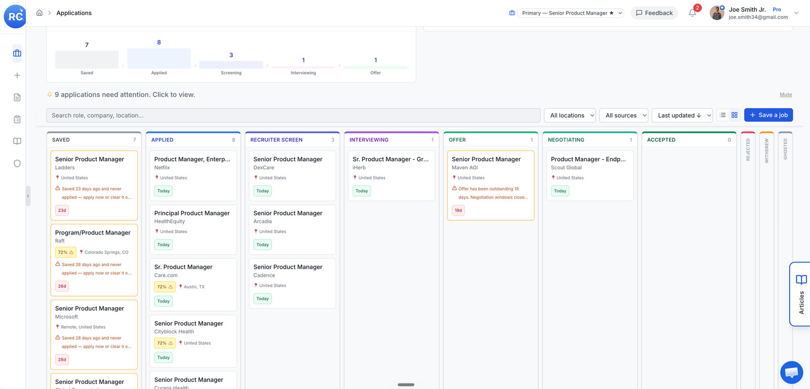 The Resumes Coach application tracker: every saved role on one board, from applied to offer, with the stalled ones flagged.